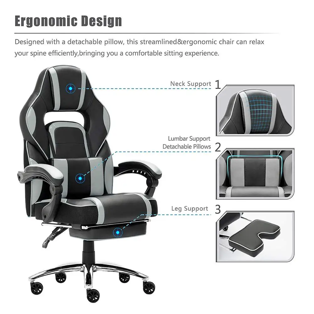  Leather Office Gaming Chair Racing Gaming Chair with Footrest and Lumbar Cushion Reclining Working 