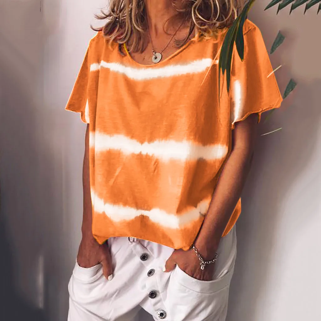 Women Blouse Tie Dye Print Short Sleeved Stripe O neck Tee shirt Tops Lady Plus Size Tunic Shirt Top Blusas Femininas|Блузки| |
