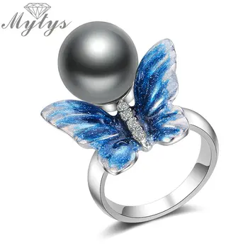 

Mytys New Design Hand Made Blue Art Butterfly with Pearl Rings for Women Brand New Trendy Ring R2006