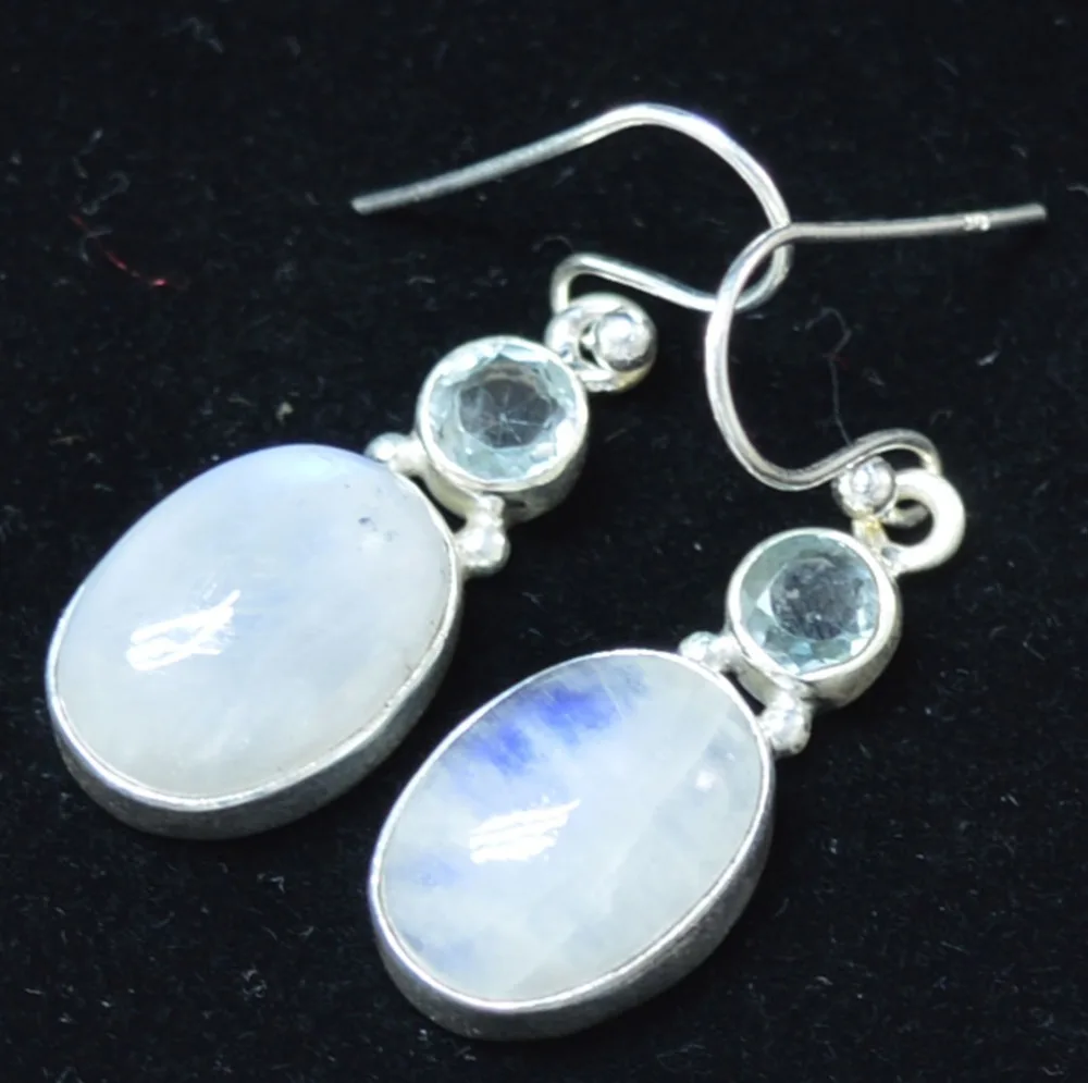 

Genuine Rainbow Moonstone + Blue Topaz EARRINGS 925 Sterling Silver, 35.3 mm, AE2143