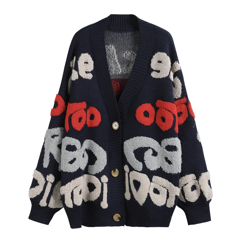 

Fashion Girls Cardigan Long Sleeve Loose Style Casual Letter Print Oversized Knitted Sweater Outwear