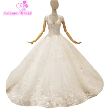 

2018 Natural White Lace Sleeveless High Neck Court Train Bridal Gowns Backless Ball Gown Vintage Wedding Dresses Robe De Mariee
