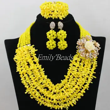 

2016 Glamorous Yellow Crystal Beads Mix Coral Beads Jewelry Set Nigerian Wedding African Beads Necklace Set Free Shipping AIJ394