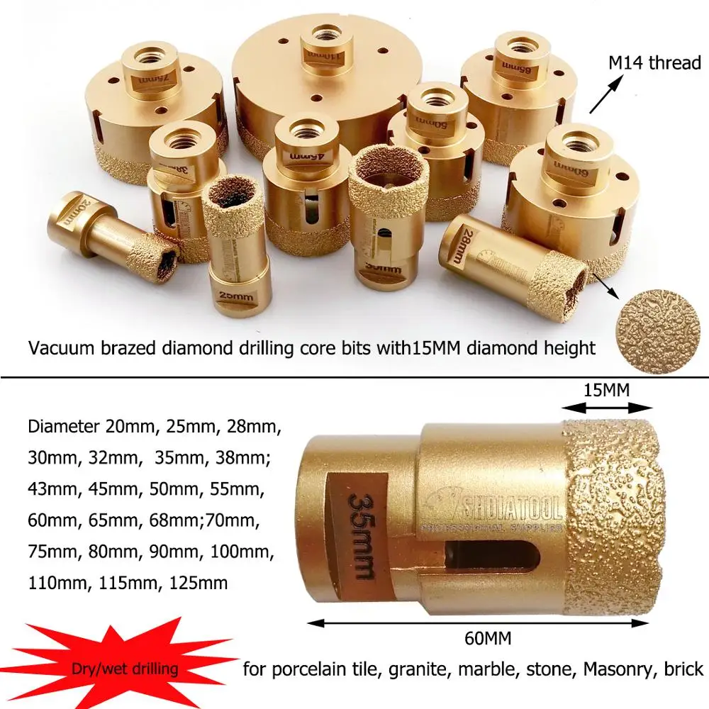 SHDIATOOL 1pc Dry Diamond Drilling Core Bits Cutter Ceramic Tile M14 Thread Hole Saw Marble Porcelain Stoneware Crowns Drill Bit