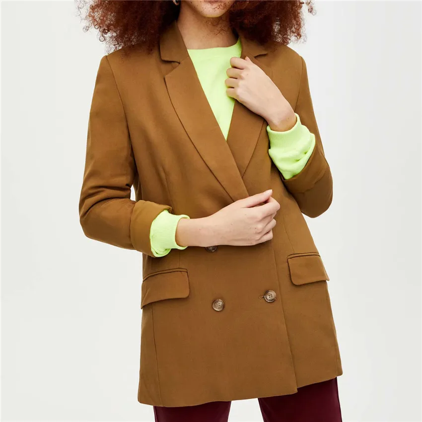

BLSQR women stylish solid blazer double breasted pockets long sleeve casual solid coat female office wear outerwear tops