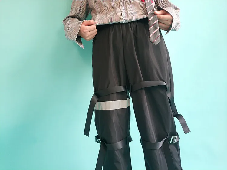 Готический гарем уличная панк Пряжка ремень лента карман светоотражающие полосы свободные прямые Харадзюку женские брюки карго Брюки для бега