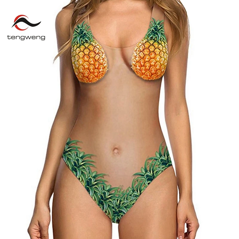 

Tengweng 2019 New Sexy 3D Floral Print Women Swimsuit Pineapple Shell Plus size Swimwear Thong Female Bathing suit Bodysuit