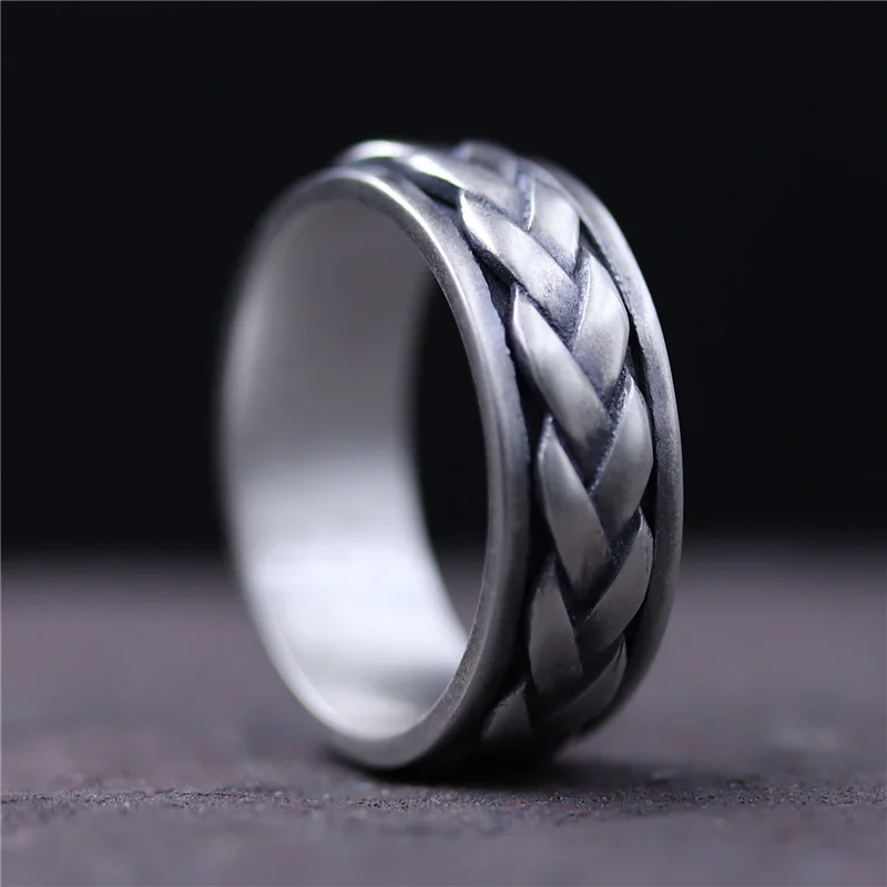 Настоящее 925 пробы, серебряные кольца для мужчин и женщин, вращающееся кольцо, матовое плетеное, витая веревка, Ретро стиль, античный стиль