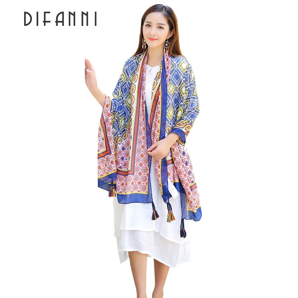 

[DIFANNI] Cotton Bohemia Thailand Style Pashmina with Tassels Shawl Cape Women Scarf India travel sunscreen scarf