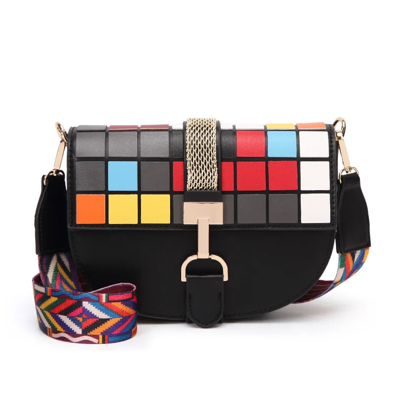 

2018 Spring And Summer New Mosaic Box Multicolor Mosaic Saddle Bag Shoulder Diagonal Handbag