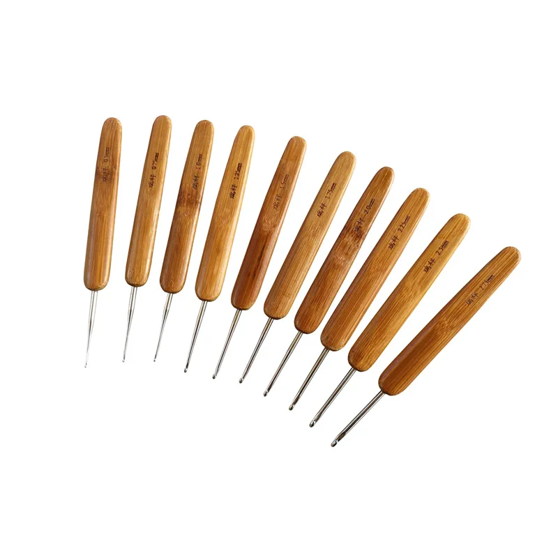 New 10pcs 1.0mm 2.75mm Bamboo Handle Metal Crochet Hooks Knitting