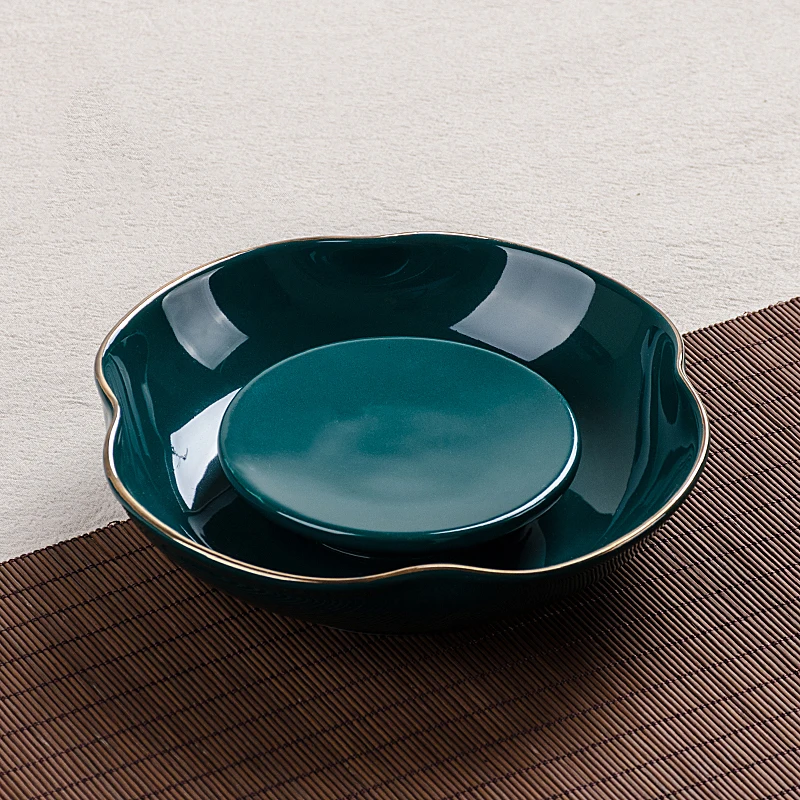 Винтаж фарфор Чай горшок лоток Gaiwan Чайник держатель зеленый подглазурного