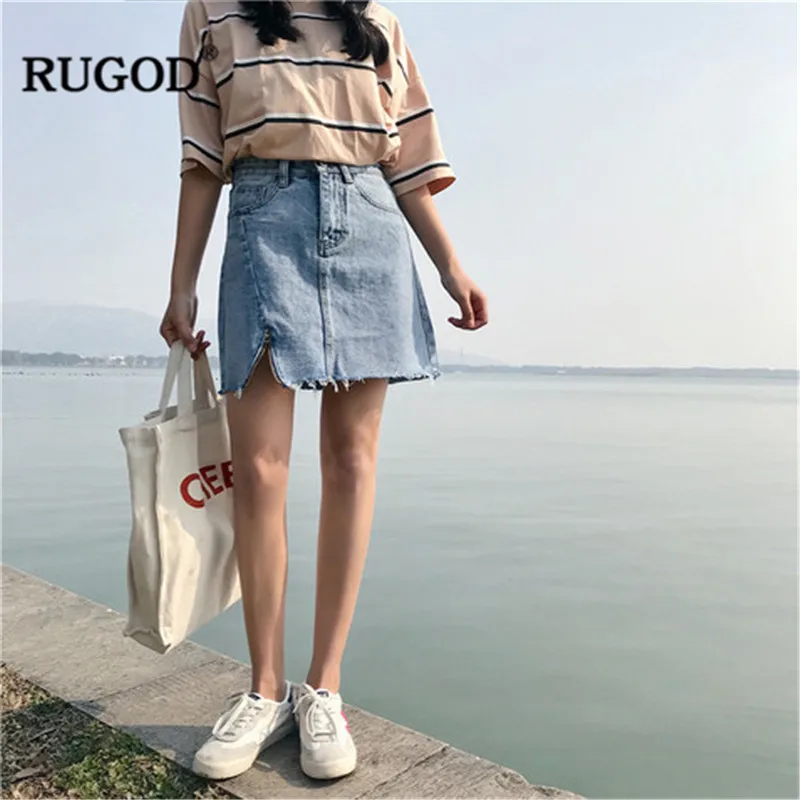 RUGOD джинсовая женская короткая юбка трапециевидной формы сбоку открытый карман мини-Молния Летняя модная уличная modis falda femme Джинсы