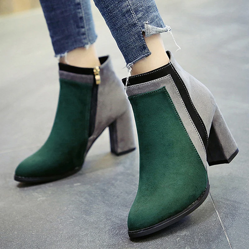 

Women ankle boots 2018 fashion flock square heels warm women winter shoes zipper women martin boots botas de mujer