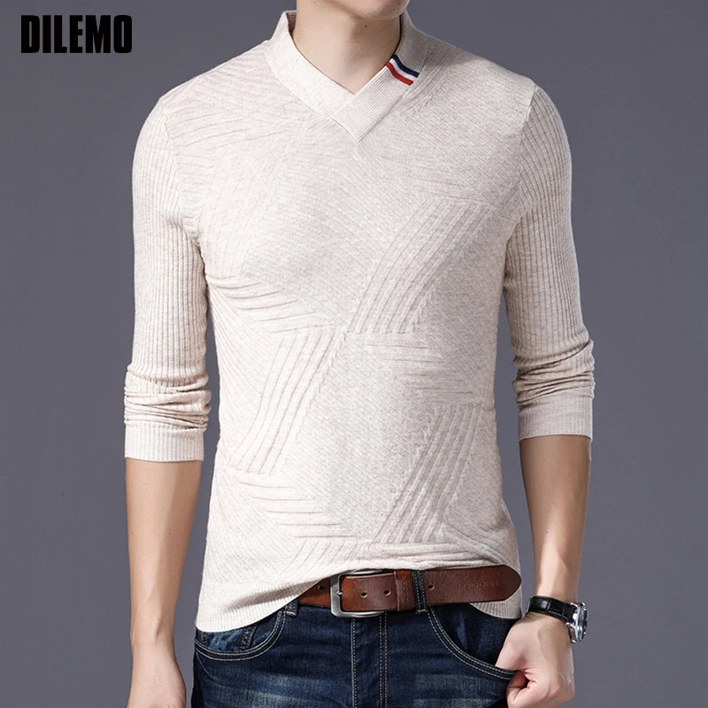 Модный брендовый мужской свитер, пуловеры с v-образным вырезом, облегающие вязаные Джемперы, теплая Осенняя повседневная мужская одежда в Корейском стиле