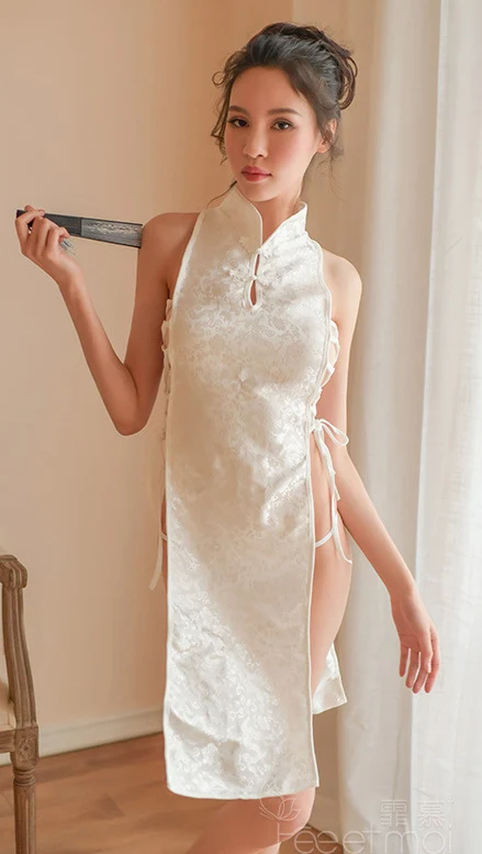 Жаккардовое сексуальное Бандажное мини-платье с разрезом, китайское традиционное чонсам, женское белье, Платья для вечеринок, униформа для ночного клуба - Цвет: Белый