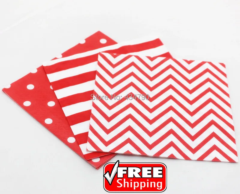 

60pcs Mixed 3 Designs Striped Polka Dot Chevron Red Paper Napkins for Christmas Party,Decorations,Tableware,Cheap Serviette Bulk