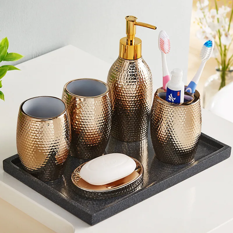 Bathroom Accessories Set Resin Material Soap Dispenser Toothbrush Holder Gargle Cup Bathroom Set Wedding Gifts Gold/Silvery