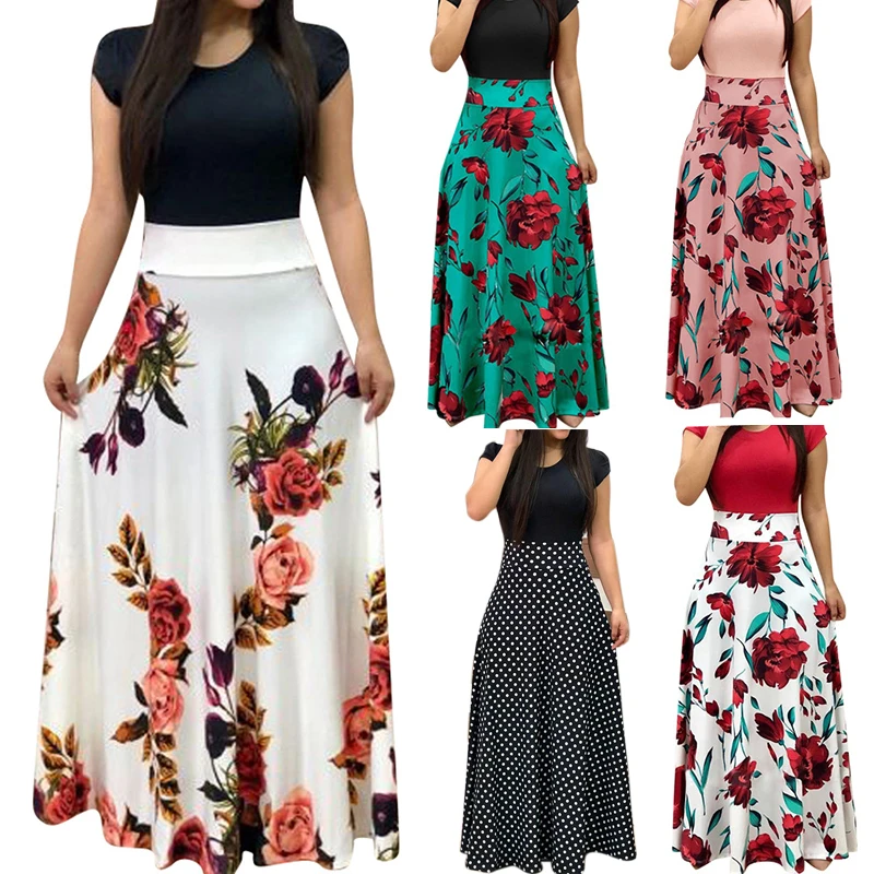 Summer Fake Two Piece Plus Size Floor-length Dress Women Short Sleeve Printing Dresses Female O-Neck Dot Long Maxi Vestidos