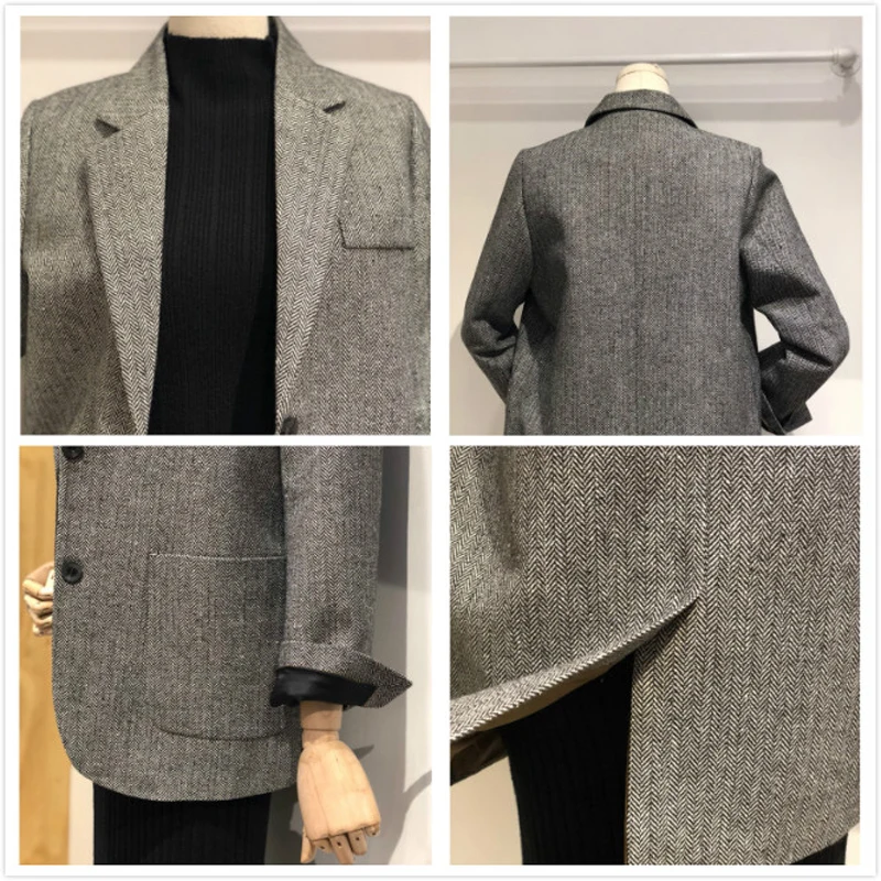 2019 Autumn Vintage Wool Plaid Office Blazer Women Single Breasted Korean Women's Jacket Blazers Coat Long Sleeve Female Outwear
