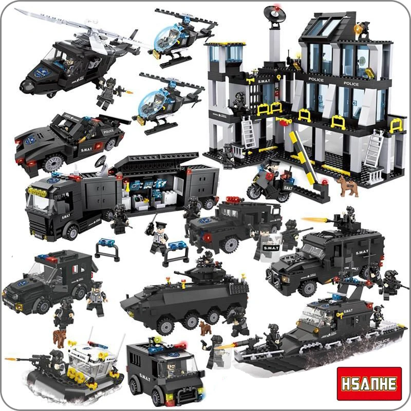 

Military Army Ploice SWAT Patrol Boat Jeep Car Helicopter Plane Ship Blocks DIY Mini Building Toy Fit Legoings Gift Collection