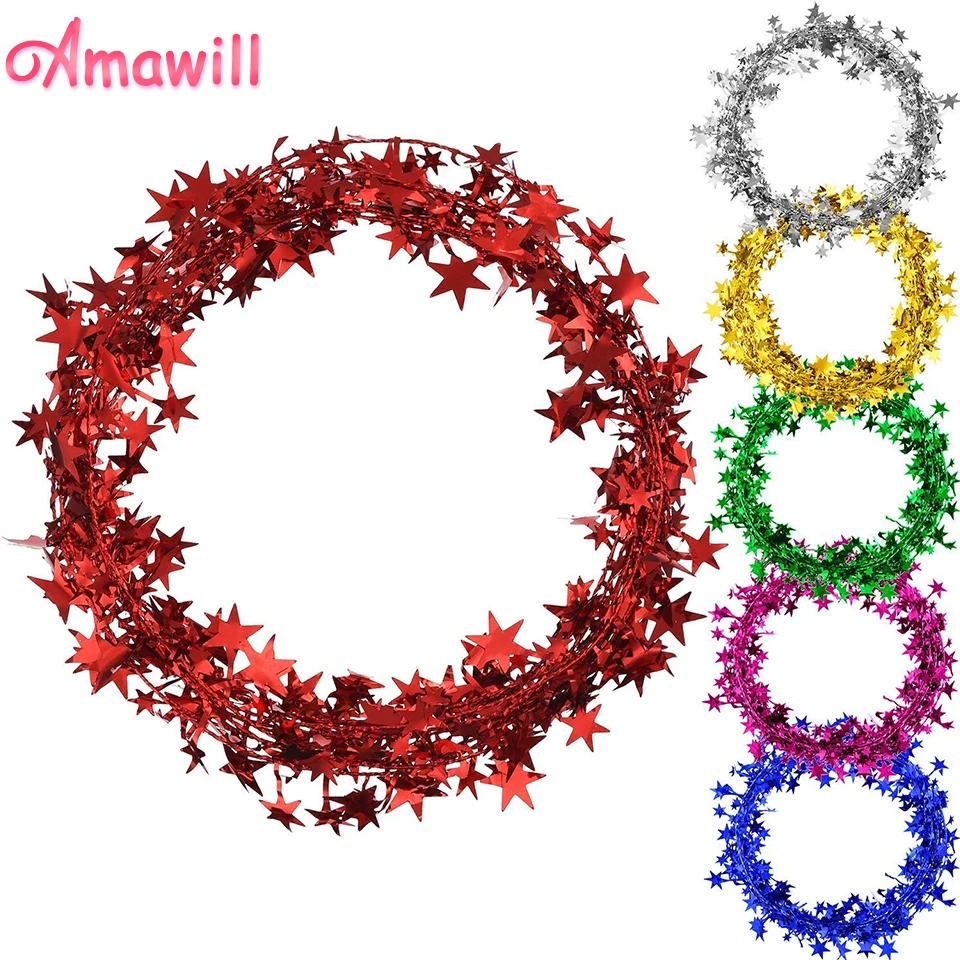 Amawill 1pc 7.5m Tinsel Star Rattan Garland Christmas Tree Wire Ribbon