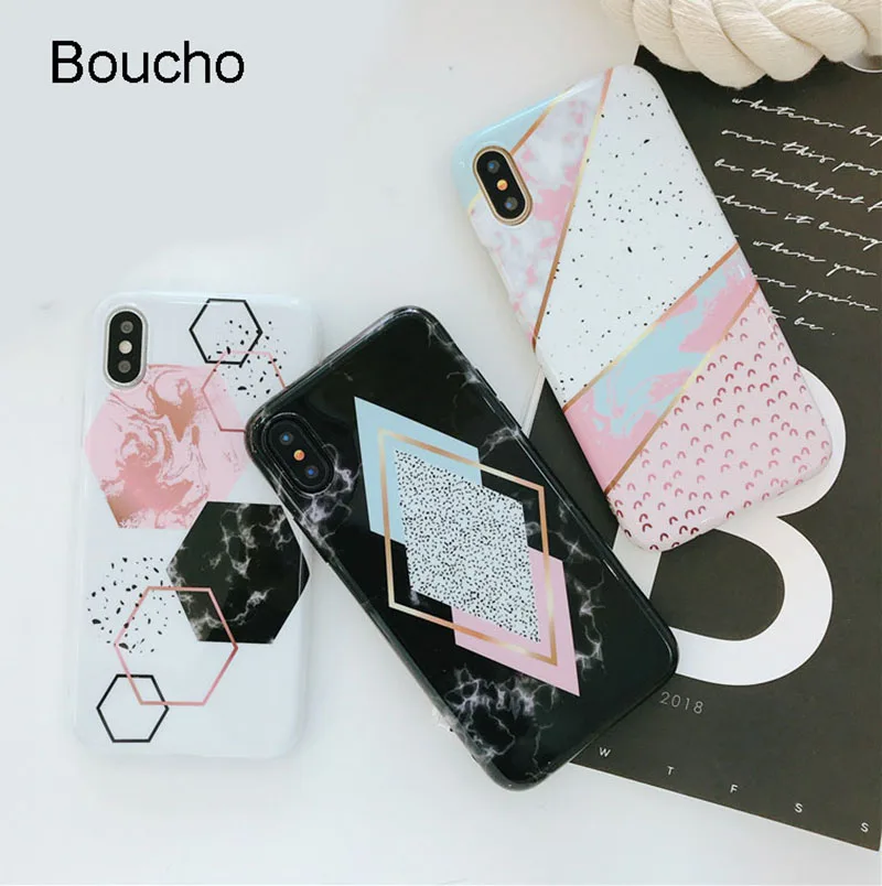 Boucho Candy Color Marble Phone Cases For iphone 8 Case X 6S 6 7 Plus Funny Geometry Splice Pattern Back Cover |