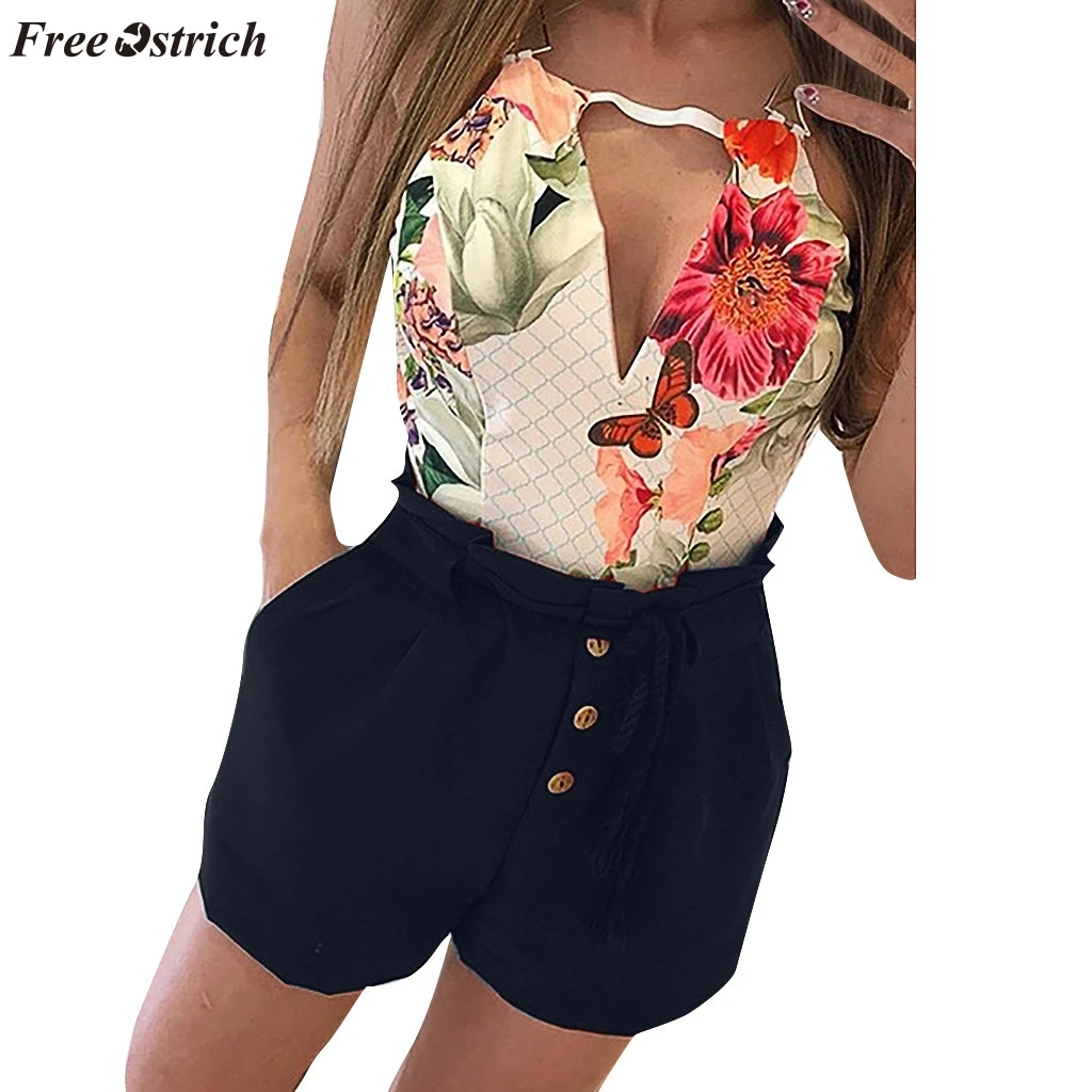 

FREE OSTRICH Women's fresh solid color casual elastic waist shorts fashion drawstring shorts high waist stretch button shorts