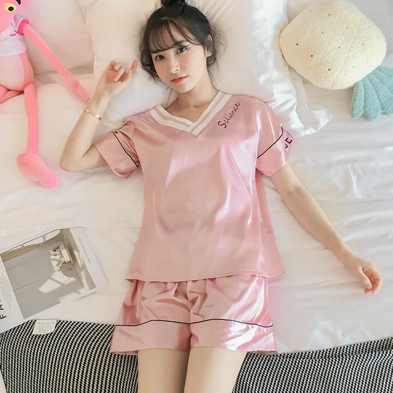 Pajama girls summer ice silk short sleeves two pieces of suit Korean fresh sweet lovely students thin silk home clothes - Цвет: D