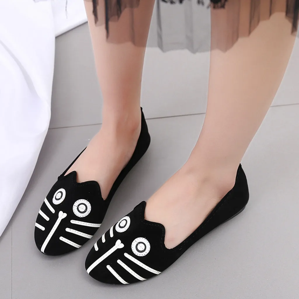 

Vogue Flat Shoes Women Nice Cartoon Cat Print Lady Boat Shoes Casual Loafers Flat Shoes Women Chaussures Femme