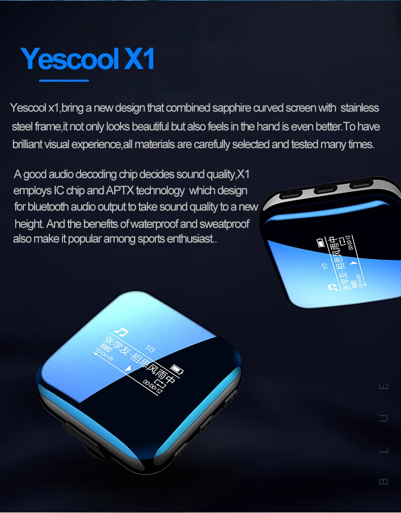 Yescool X1 16 Гб Bluetooth спортивный MP3 плеер hifi музыкальный плеер без потерь мини-диктофон для бега walkman с зажимом и повязкой на руку