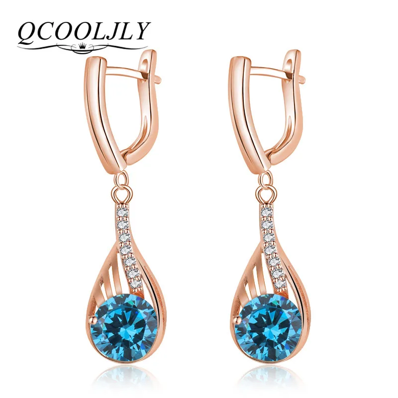 

QCOOLJLY Gold 9 Color Earrings Blue Water Drop CZ Stone Pierced Dangle Earrings Women/Girls Long Drop Earrings fashion jewelry