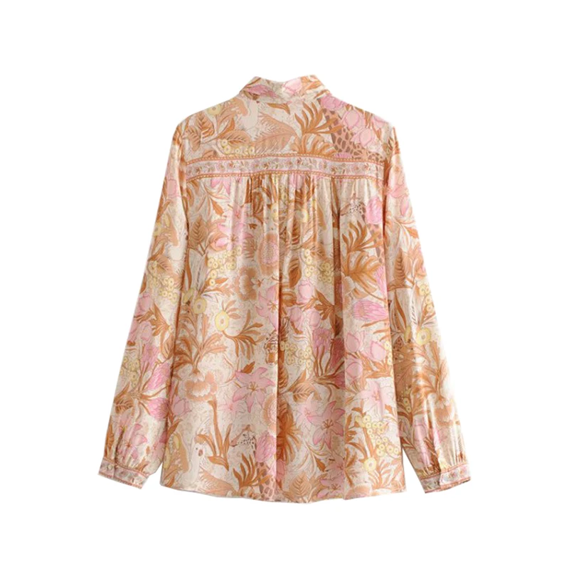 بوهو شيك الصيف قمم خمر الزهور طباعة قمصان 2019 أزياء طية صدر السترة طوق طويلة الأكمام الشاطئ البلوزات Blusas موهير