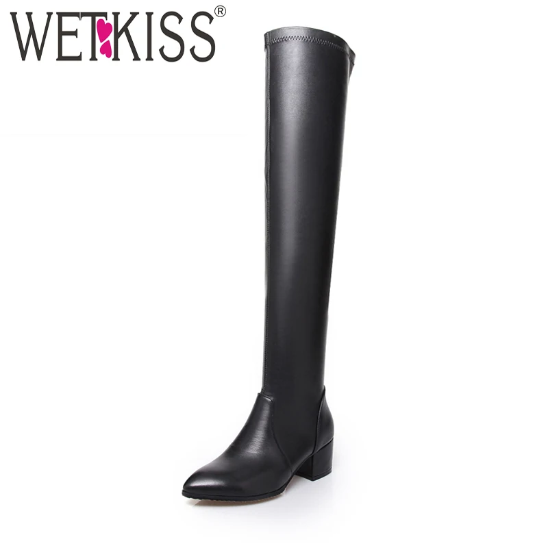 

WETKISS Slip On Over The Knee Boots Pointed Toe Women's High Heel Shoes Stretch Fabric Natural Leather Rubber Boots 2018 New