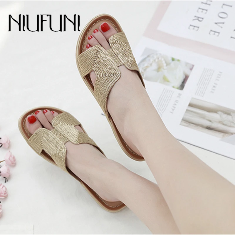 

Fashion Embroidery Solid Color Flat Shoes Women's Slippers Plus Size Sandals Low Heel Soft Beach Shoes Female Slip Ons Casual