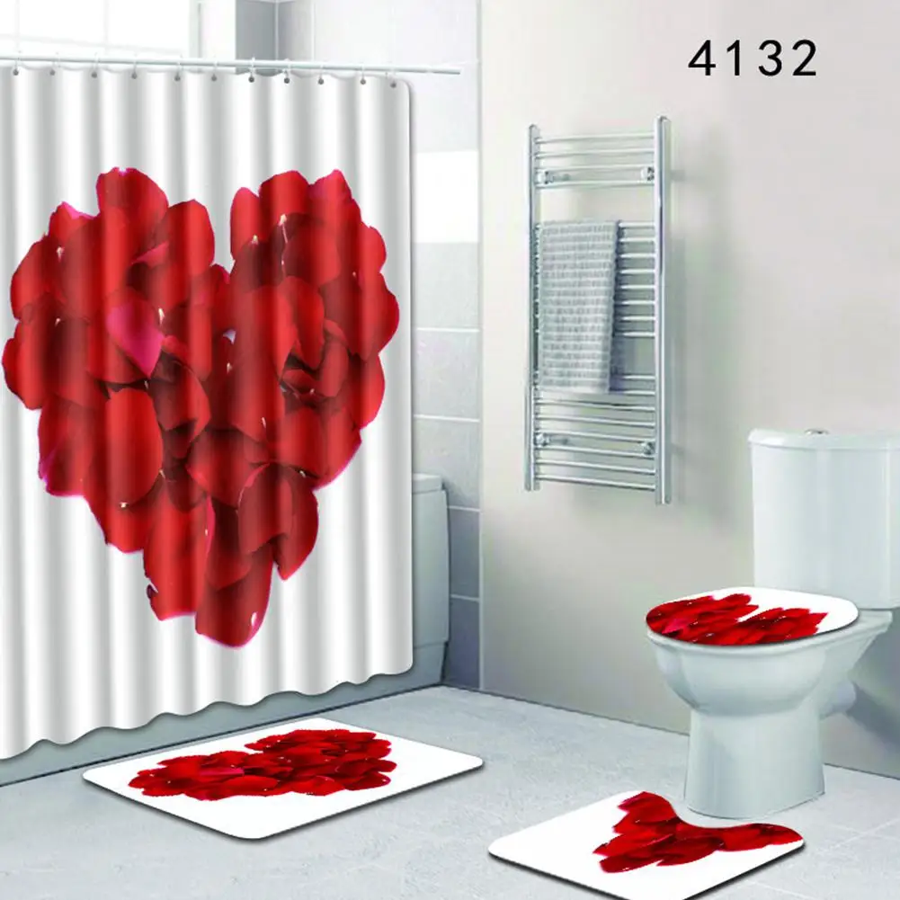 

4Pcs/Lot Love Pattern Shower Curtain Bath Mat Toilet Pad Set Character Pattern Anti-skid Toilet Pattern Carpet Flannel Bath Mat