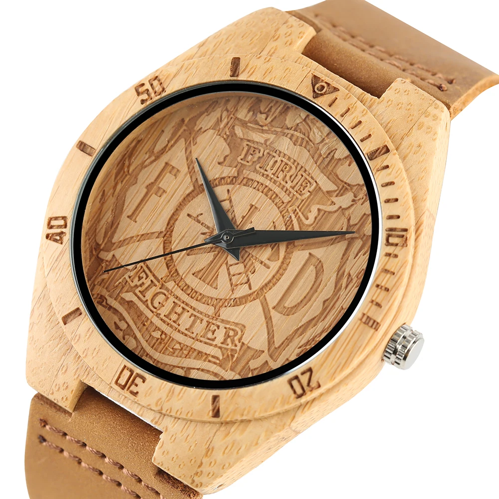 YISUYA Fire Fighter Pattern Dial Bamboo Wooden Wrist Watch Men Sport Handmade from Nature Wood Quartz Creaitve Watches Gift Bag (3)