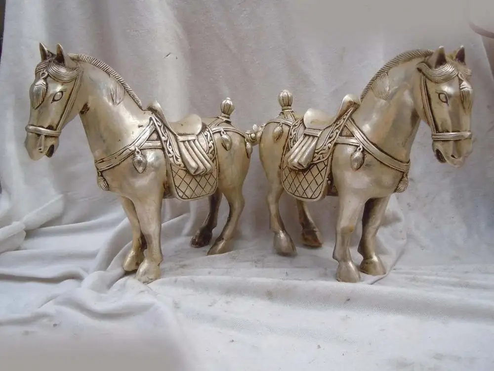 

8" China silver carved Feng shui beautifully horses pair sculpture statue (D0426)
