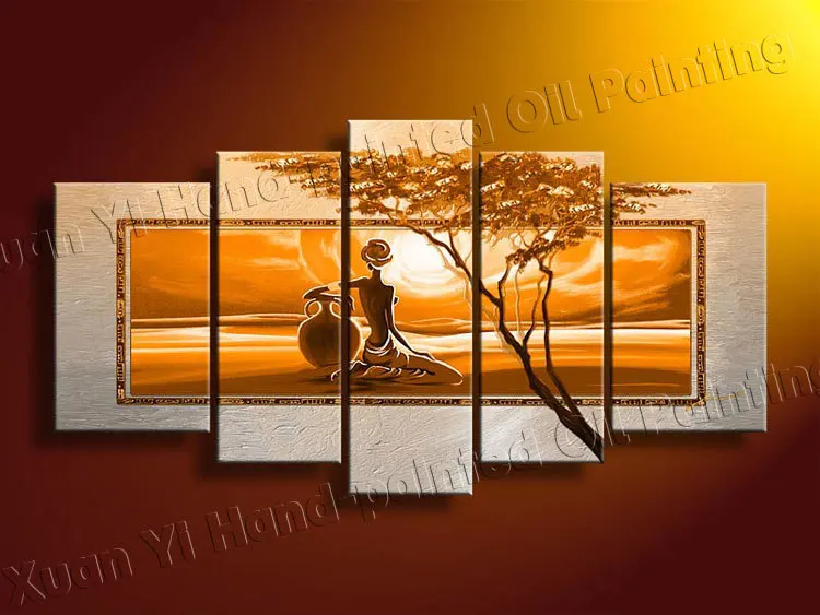 5 панель ручная роспись Большой Холст Искусство Обнаженная девушка Африка голые женщины пустыня дерево украшение стены Пейзаж картина маслом на холсте