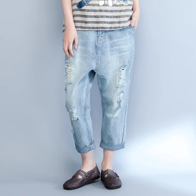 

Johnature New Fashion Loose Casual Solid Color Women Jeans Pants 2019 Spring Summer Broken Hole Ankle-Length Cross-Pants