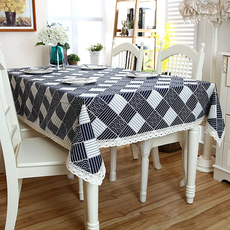 

Linen Cotton Tablecloth Comfortable Wave Pattern White Lace Hem Splice Washable Table Cloth for Coffee Dinner Wedding Banquet