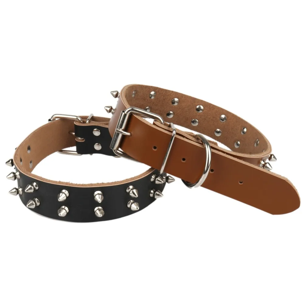 Genuine leather Spiked Big Dogs Collars Labrador Rivet Supplies