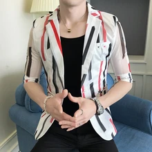 Полый Мужской Блейзер, дизайнерское пальто с принтом, мужской летний тонкий костюм, куртка Masculino social slim, Клубная одежда, повседневный смокинг, полупрозрачный