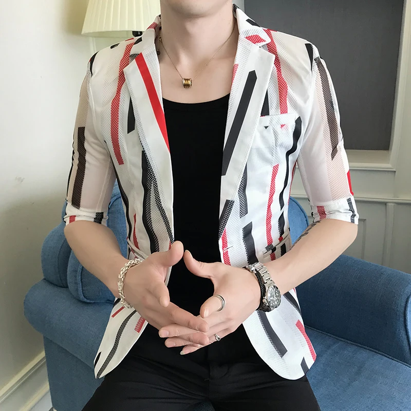 

Hollow mens Blazers design print coat men summer thin suit jacket Masculino social slim club clothing casual tuxedo translucent