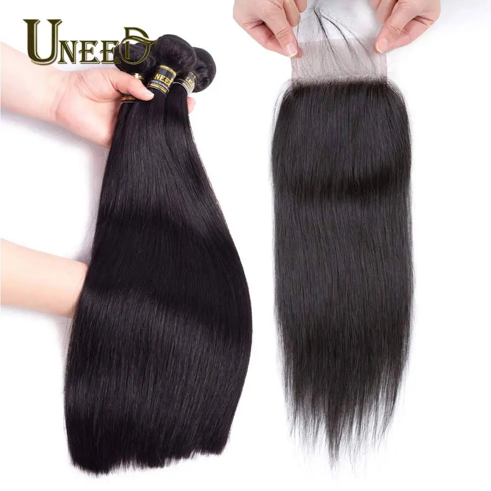 Uneed Hair Peruvian Straight Hair Bundles With Closure 4X4 100% Remy Peruvian Human Hair Weave 3 or 4 Bundles With Lace Closure