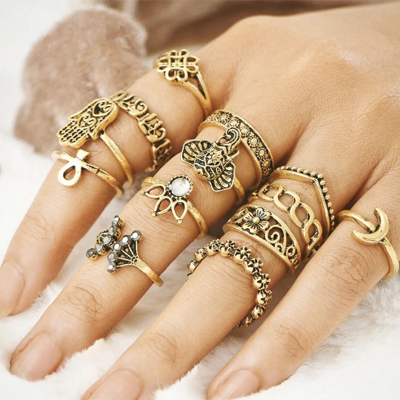 IF-ME-Retro-Rings-Set-Mixed-Hasma-Hand-Elephant-Lotus-Moon-Knuckle-Midi-Rings-Atique-Gold