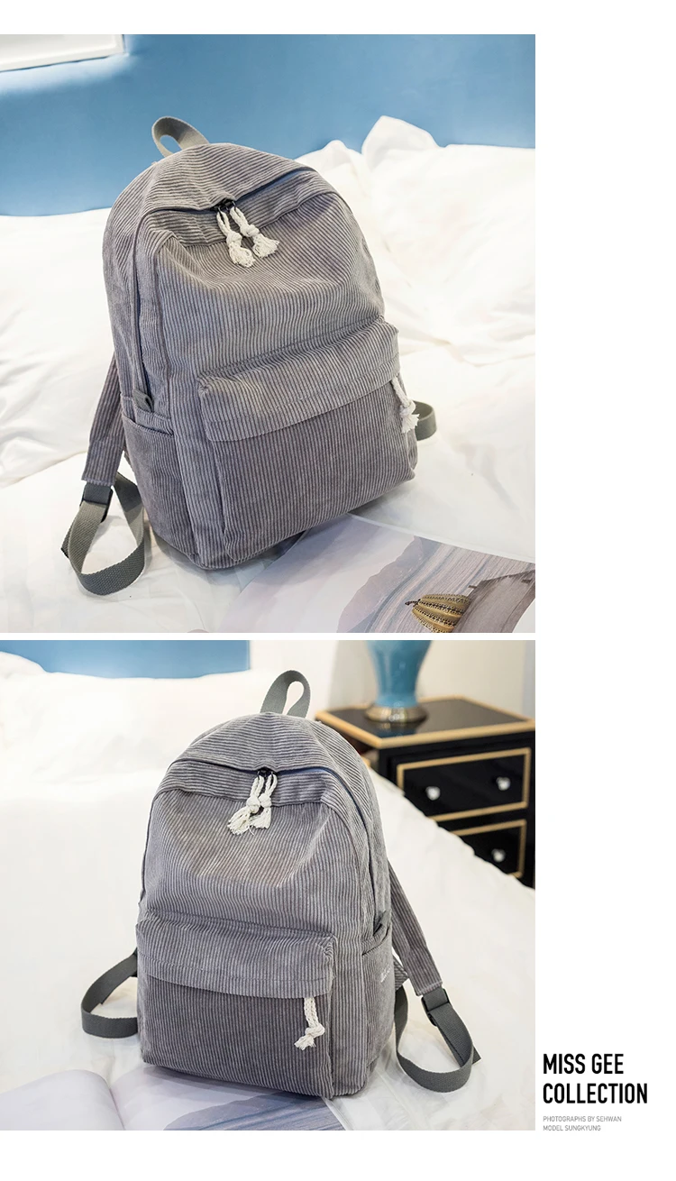 College Style Soft Fabric Backpack School Bag Female Corduroy Design School Backpack For Teenage Girls Striped Backpack Women