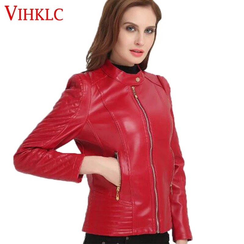 

2018 XL-6XL Fashion Woman Short Motorcycle Pu Leather Zipper Red Jacket For Female Women Basic Jackets Autumn Large Sizes B903