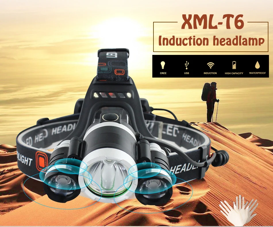 3 xml T6 ИК Сенсор светодиодные фары Перезаряжаемые индукции usb фара 18650 охоты прожекторная головка фонарик фар