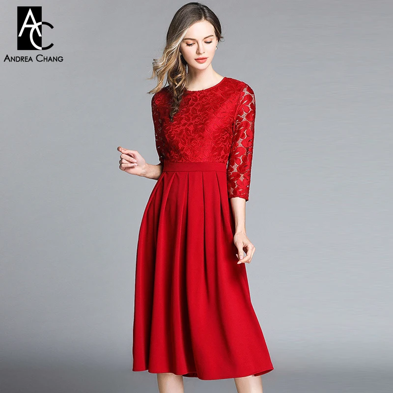 

S-XXL spring summer woman dress flower pattern lace top ball gown dress fashion sweet cute black dark blue red calf length dress